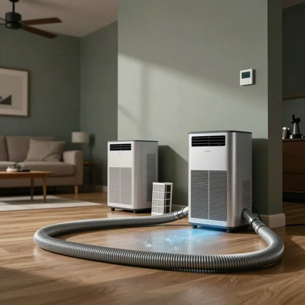 Portable AC with hose, wall thermostat, fan shadow and filter in a moody living room after rain.