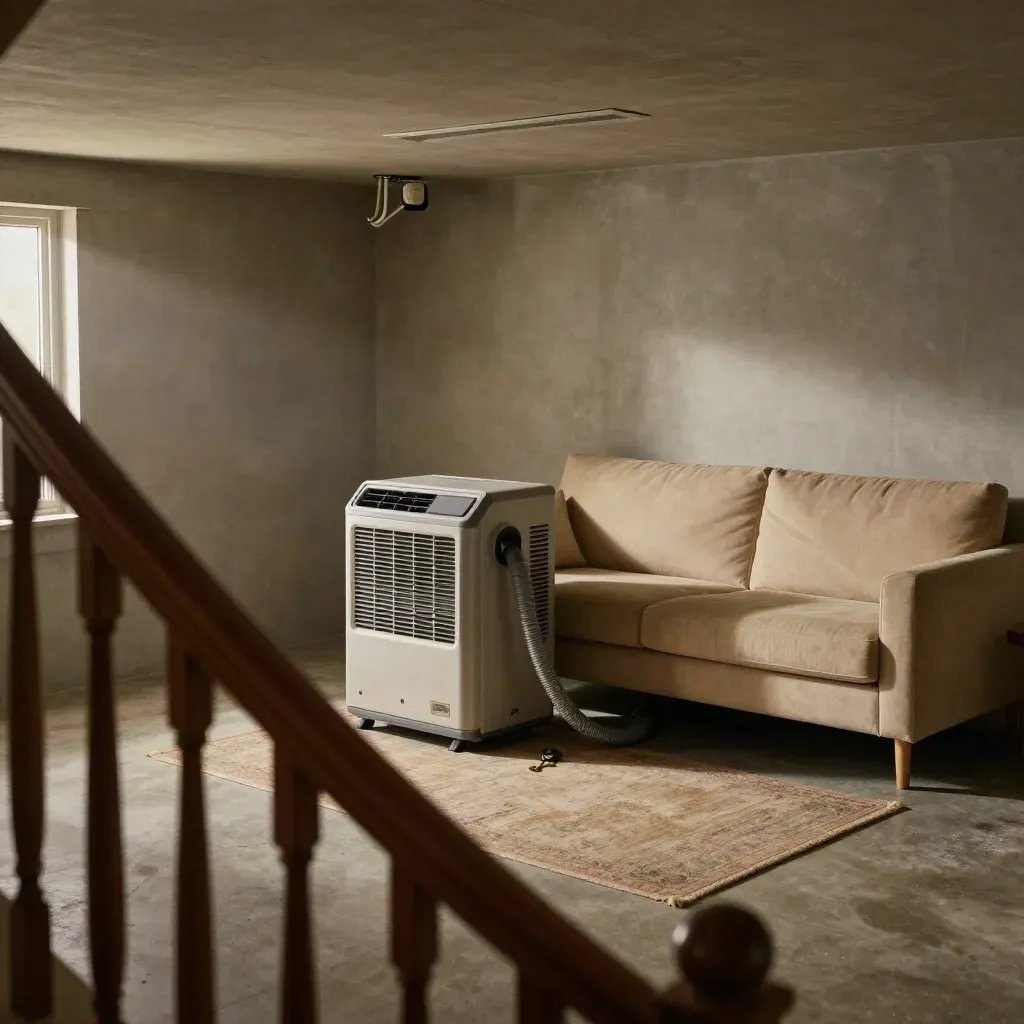 Basement rec room with portable AC, sofa, rug, and low vent seen from the stair landing.