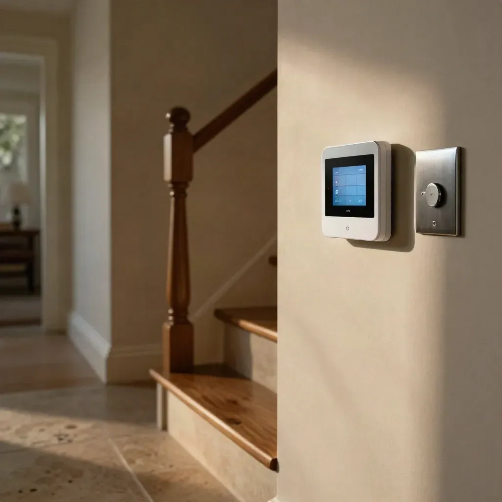 White smart thermostat on a stair wall with shifting sunlight and warm lamplight.